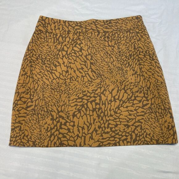 LOFT Mini Skirt Brown Mustard Yellow Abstract Safari Animal Print Lined Sz 0 - Picture 2 of 6